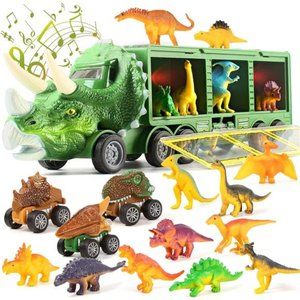 Dinosaur Toy Trucks for Kids - 28 Pack Pull Back Cars Set with Flashing Lights